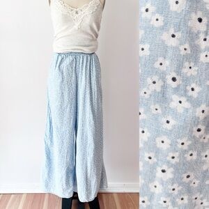 Smocked Waist 100% Cotton Blue Floral Pants, Wide Leg, Beachy, Summer, Petite‎